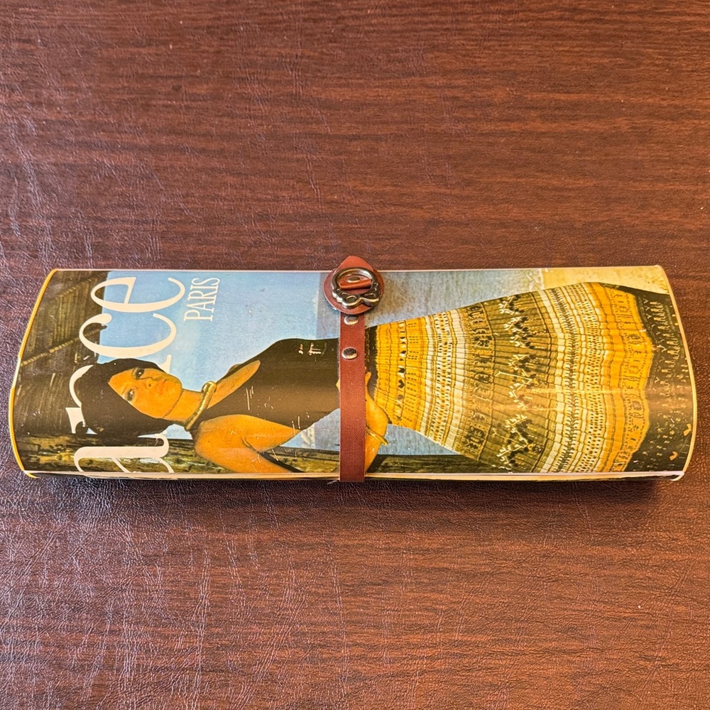 Vintage Clutch with Retro Print and Red Strap